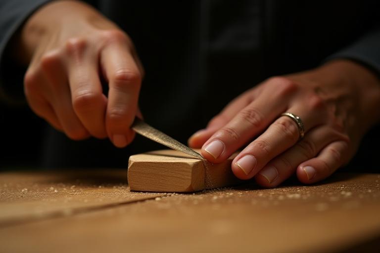 木材に集中して作業する匠の職人の手元のクローズアップ